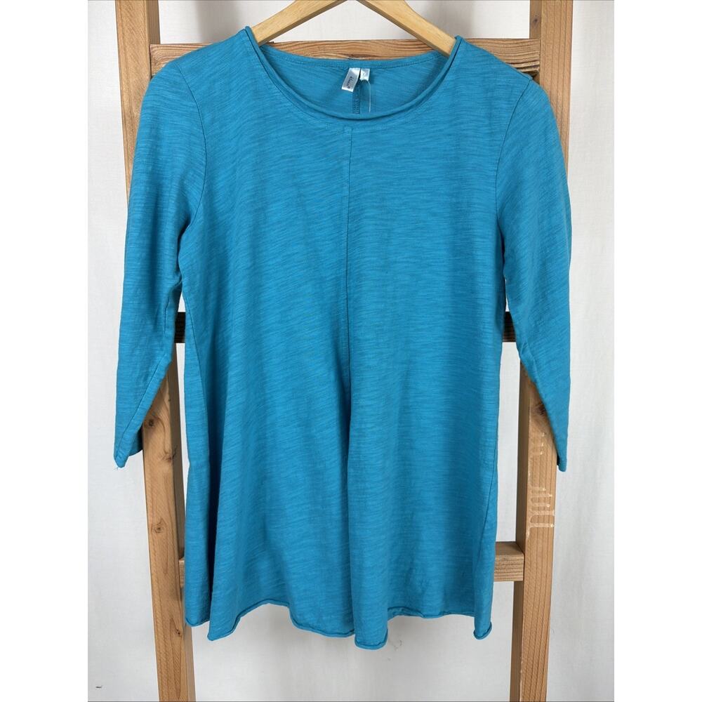 NWT Kleen Turquoise Rolled Hem 3/4 Sleeve Scoop Neck Top #1147 SM